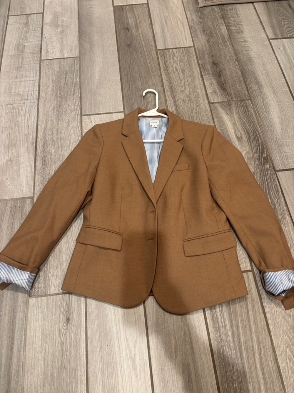 J. Crew Camel Blazer with Blue-White Striped Lining